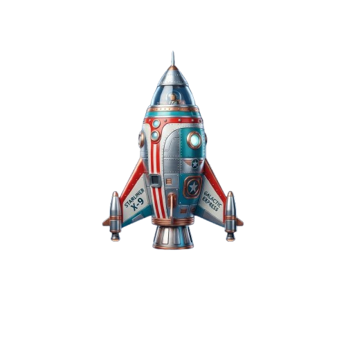 A colorful, retro-style rocket ship with red, white, and blue stripes, metallic silver body, and fins, set against a black background