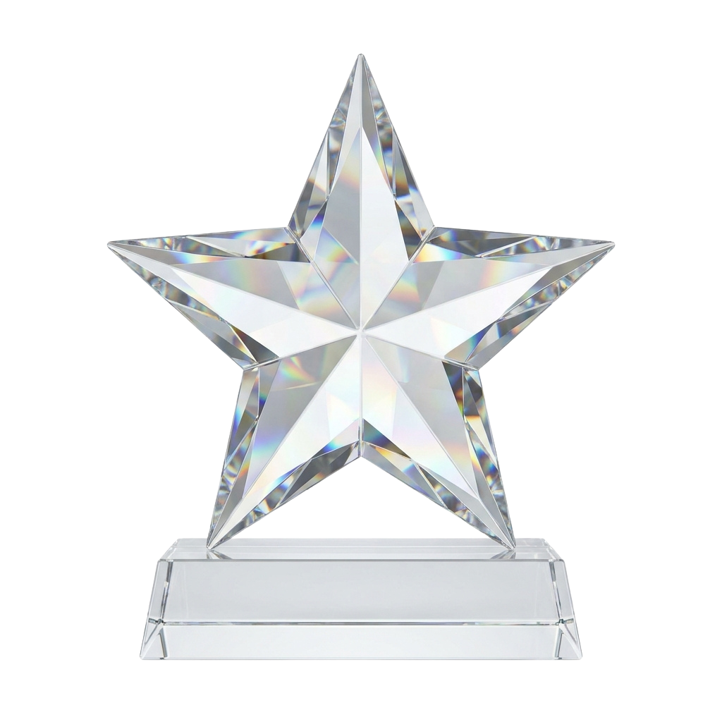 A reflective crystal star-shaped trophy mounted on a white pedestal against a black background