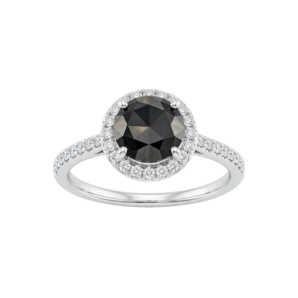 A white gold engagement ring featuring a large black diamond center stone surrounded by smaller diamonds on the band