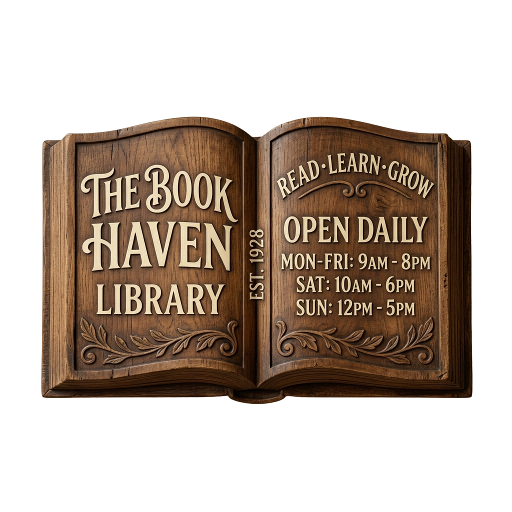 Open book sign displaying The Book Haven Library hours and motto read-learn-grow