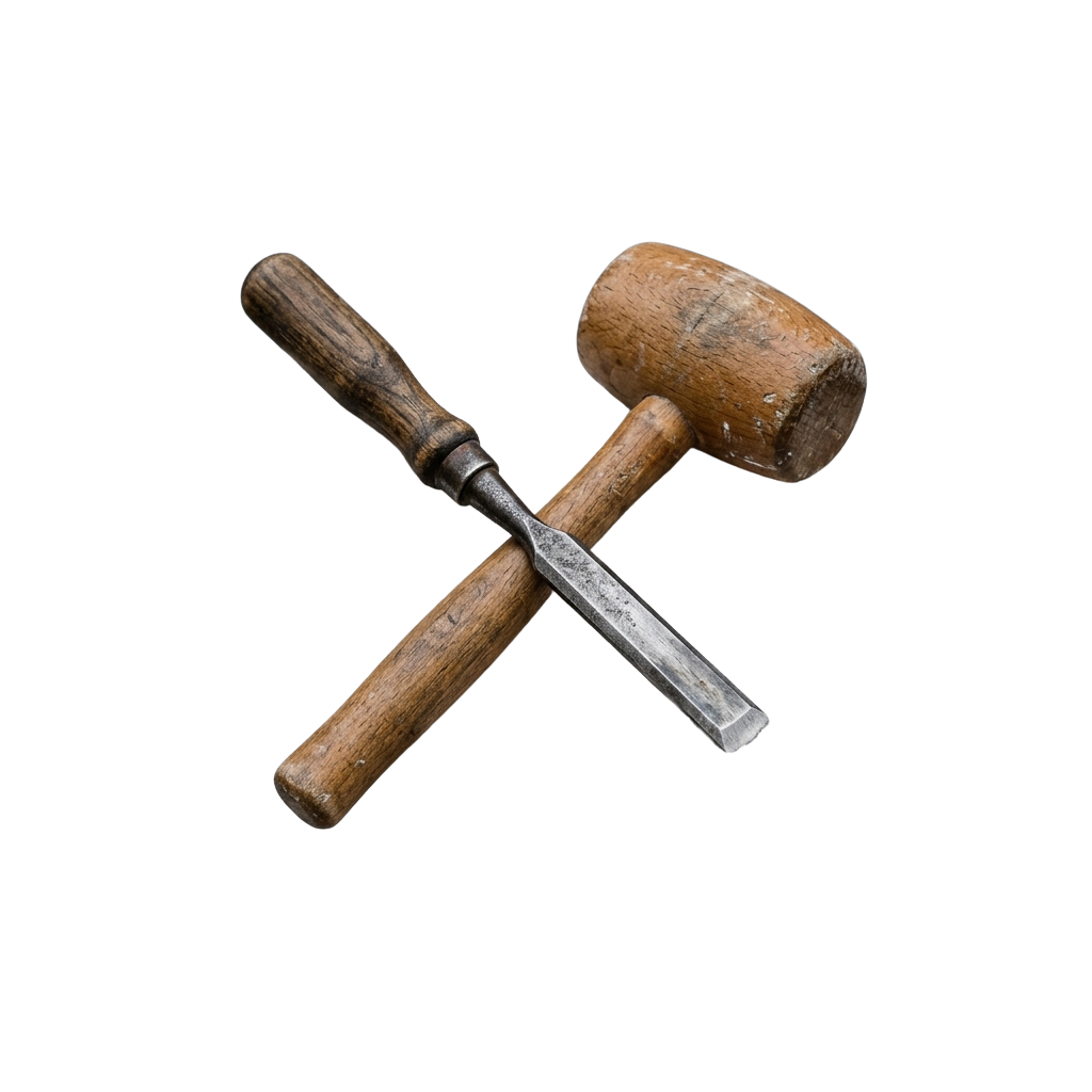 A vintage wooden hammer crossed with a chisel on a black background