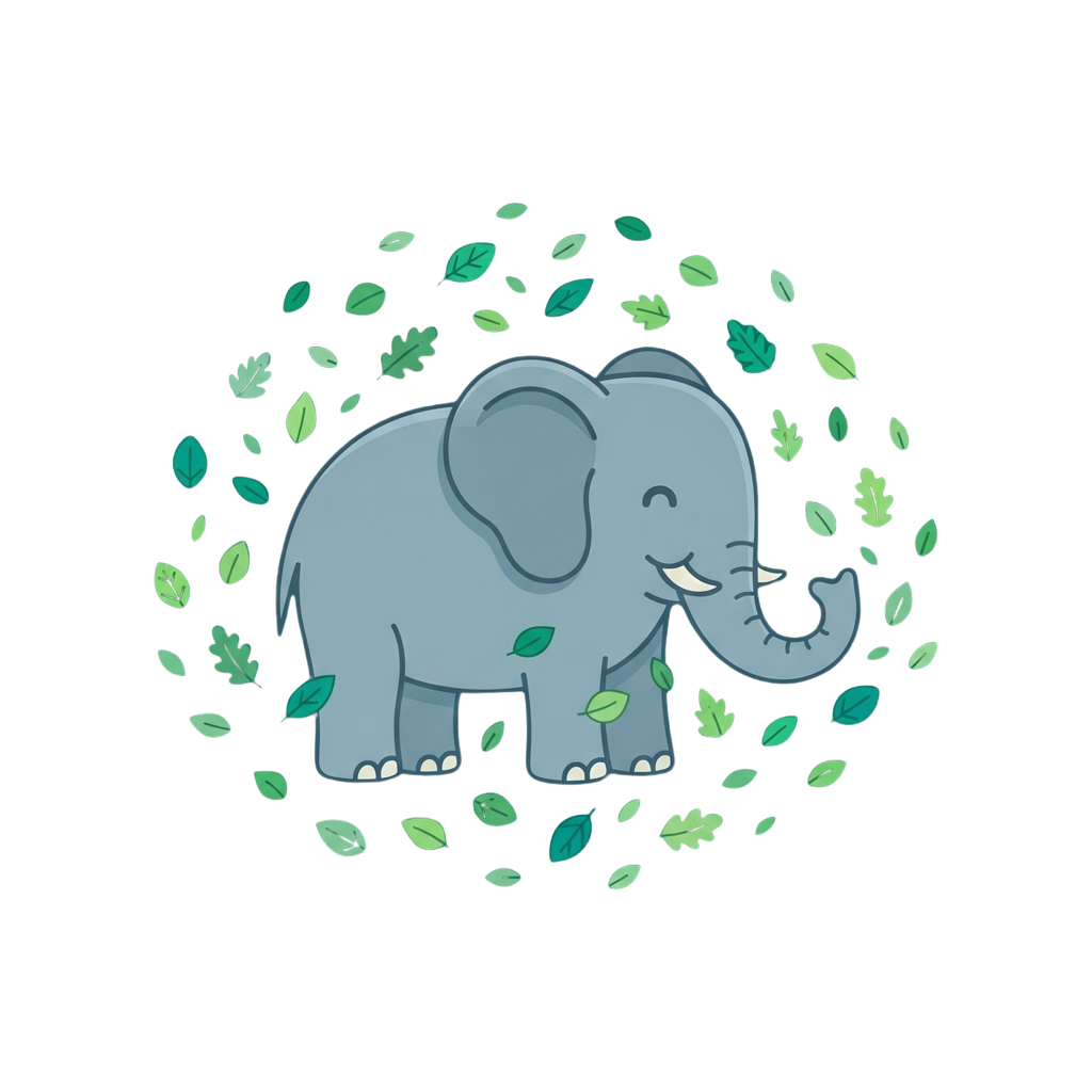 A friendly cartoon elephant standing amidst scattered green leaves