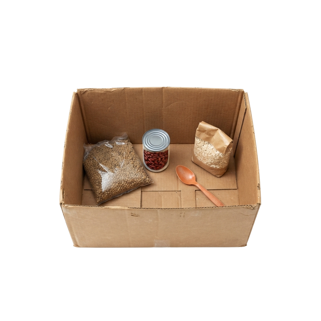 Cardboard box containing two bags of dry pet food, a can of wet food, and a spoon