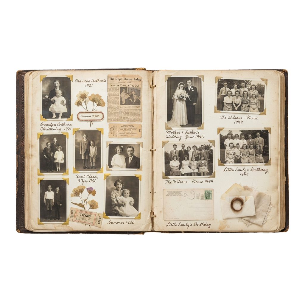 Two open pages of an old family photo album filled with black-and-white photos and memorabilia from the 1920s to 1950s