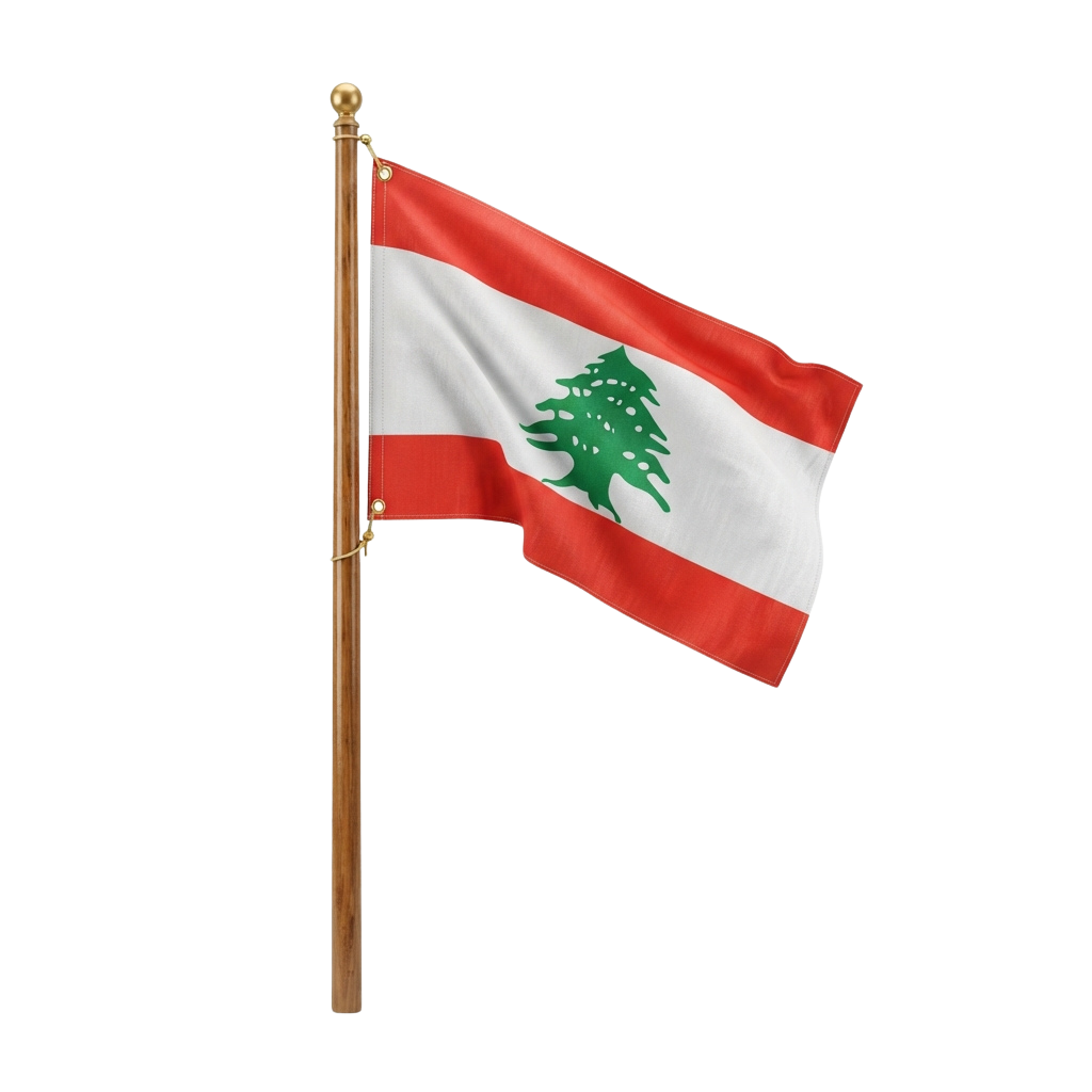 Lebanese flag waving on a pole with red and white stripes and a green cedar tree emblem