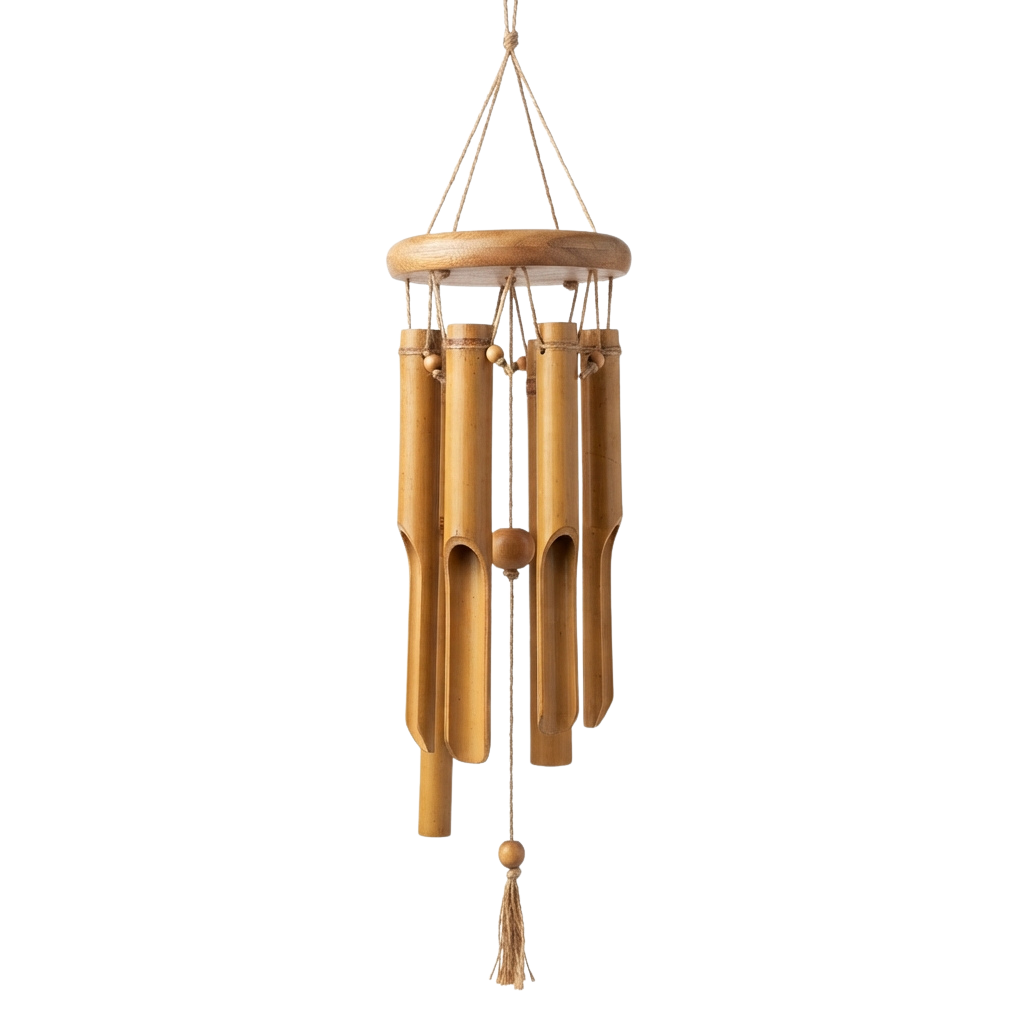 A wooden wind chime with bamboo tubes hanging from a wooden top and rope suspension