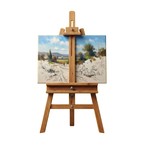 A landscape painting on an easel showing a scenic view with trees, sky, and foreground sketch lines.
