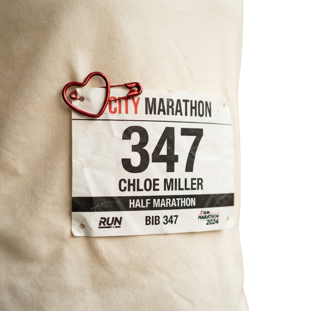 A half marathon race bib numbered 347 attached to a cloth with a red heart-shaped clip.