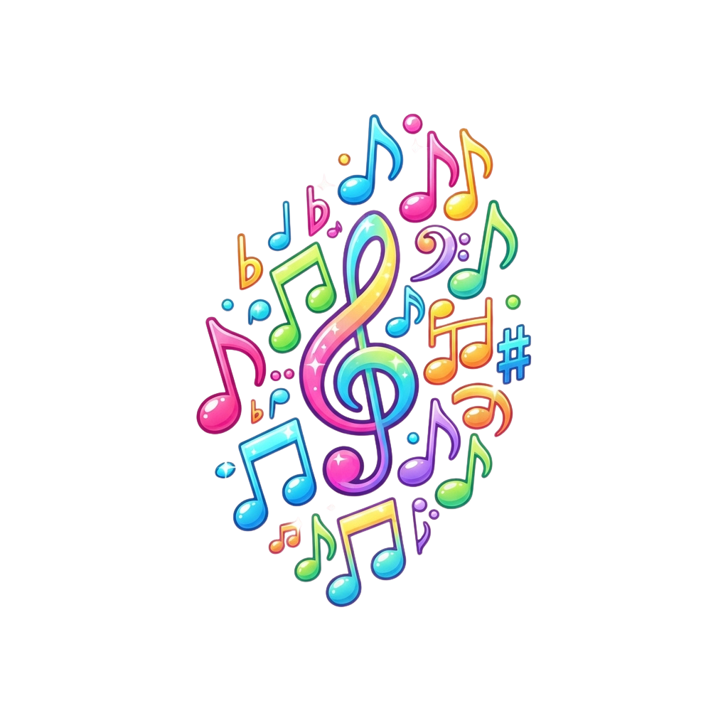 A vibrant cluster of colorful musical notes, treble clef, flat, sharp, and hash symbols on a black background