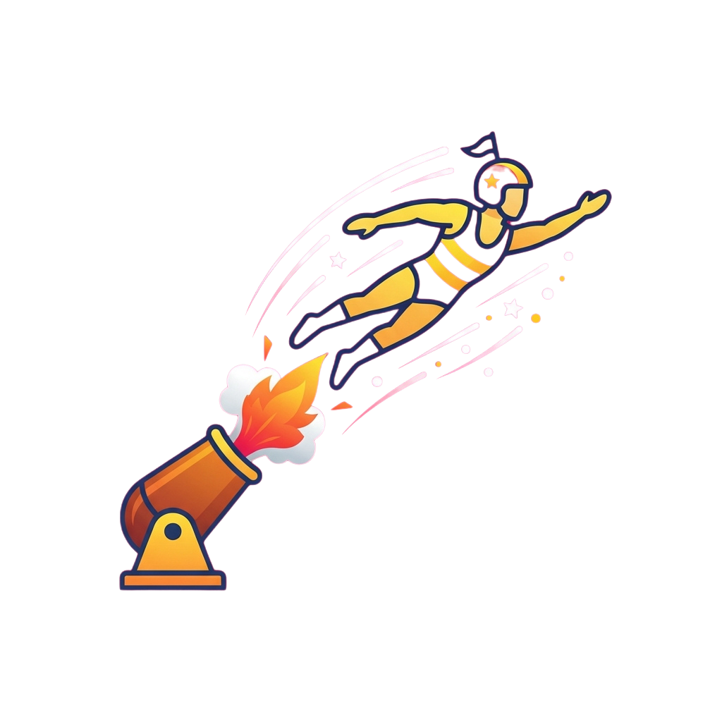 A stylized illustration of an astronaut being launched from a rocket with fire and sparks