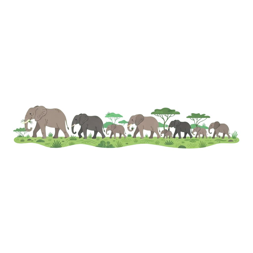 A group of elephants walking together in a green savanna landscape with trees and bushes