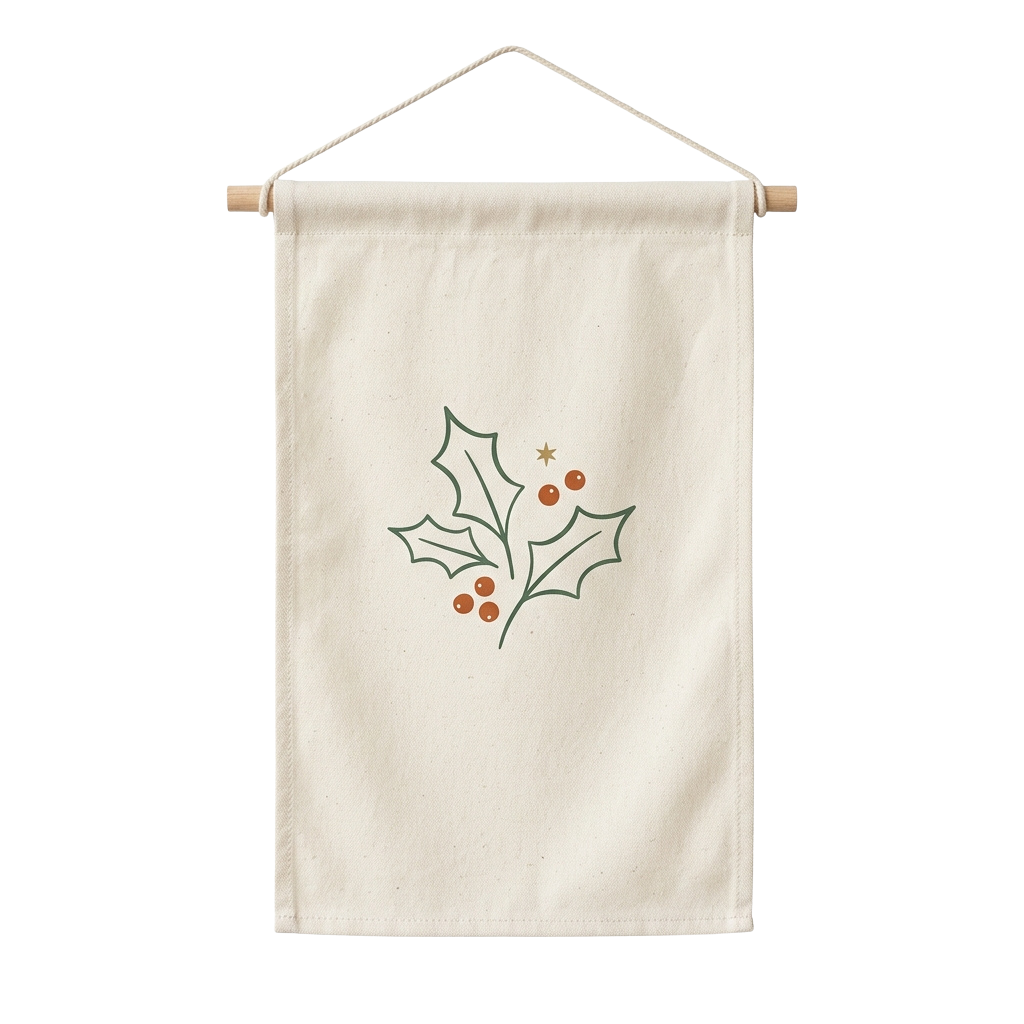 A light-colored fabric wall hanging featuring a green poinsettia leaf with red berries and a star