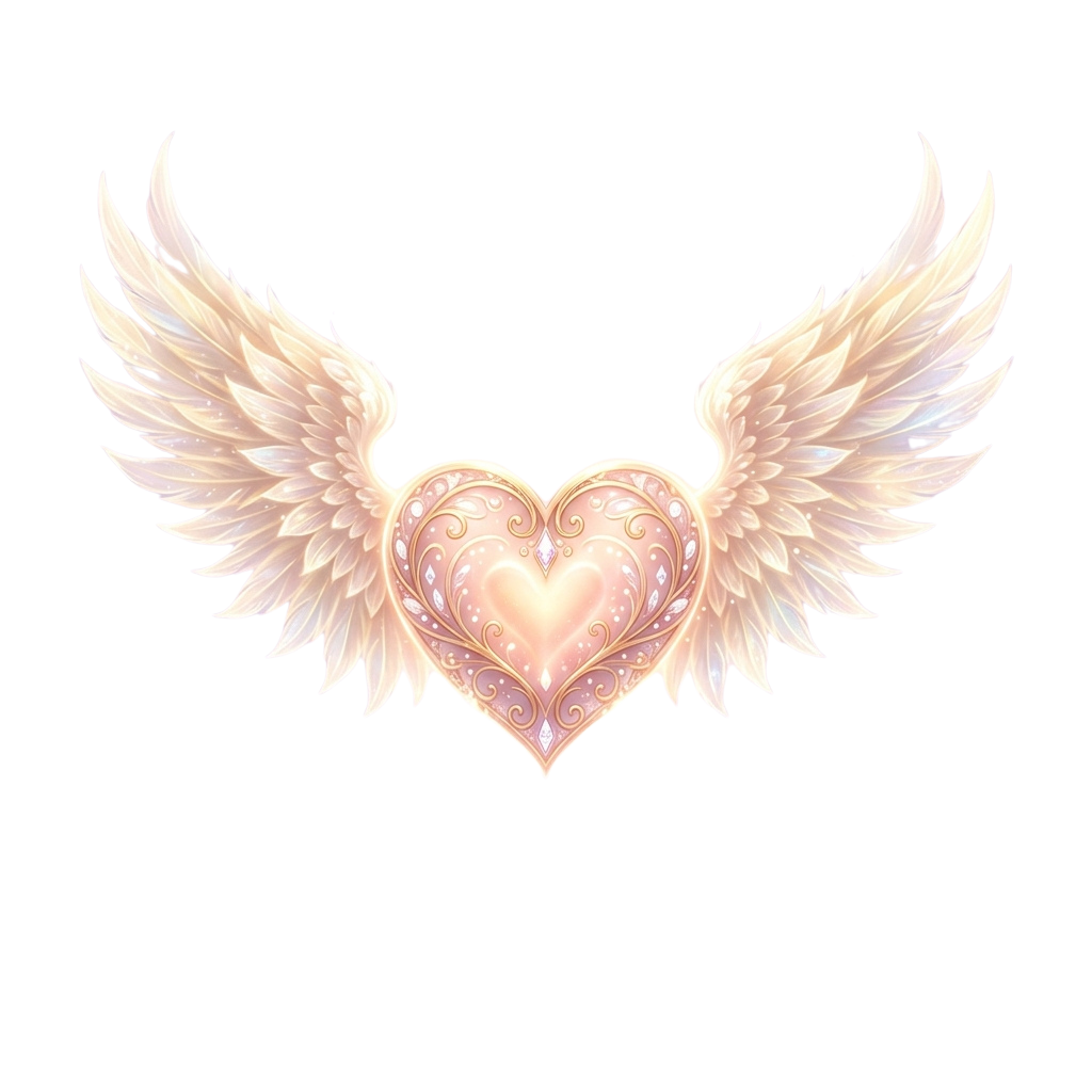 A stylized heart with ornate patterns flanked by delicate, translucent angel wings