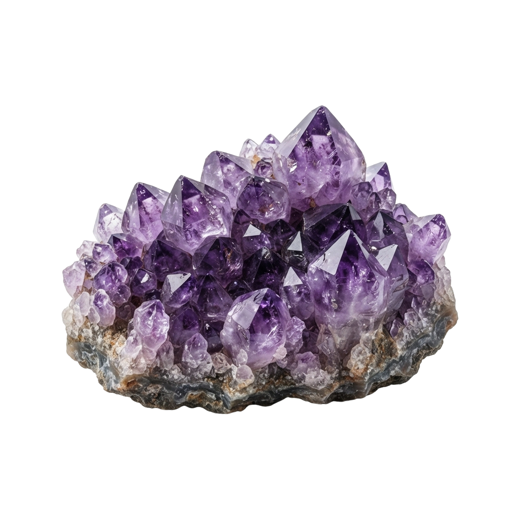 A cluster of sharp, translucent purple amethyst crystals growing from a rough base