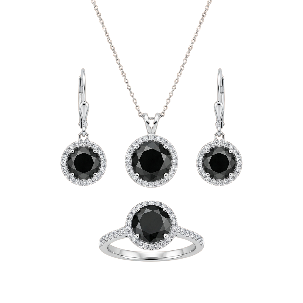 Silver jewelry set featuring a ring, pendant necklace, and earrings with black gemstones surrounded by small diamonds