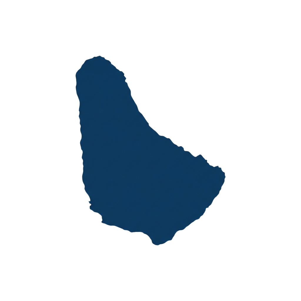A blue outline map of an island shape on a black background