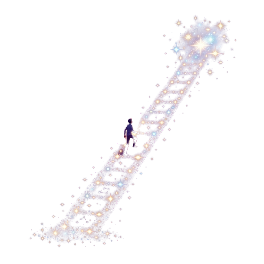 A glowing DNA helix structure in space with stars and a silhouette of a person climbing it