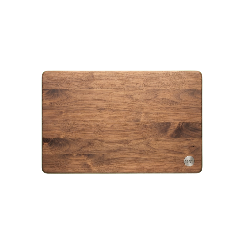 A rectangular wooden laptop mouse pad with a smooth, textured surface and a small logo near the bottom right corner