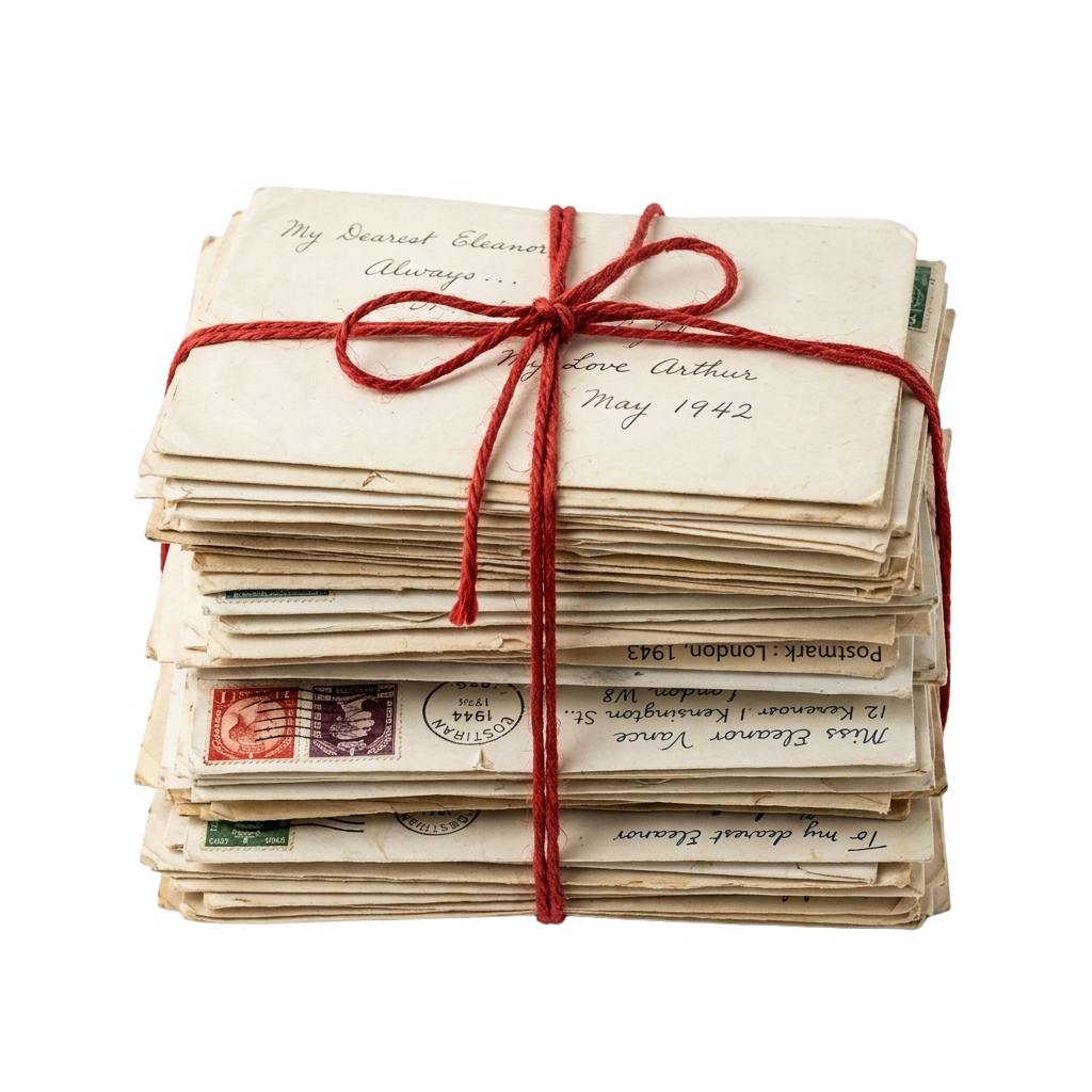 Stack of old letters tied together with a red string against a dark background