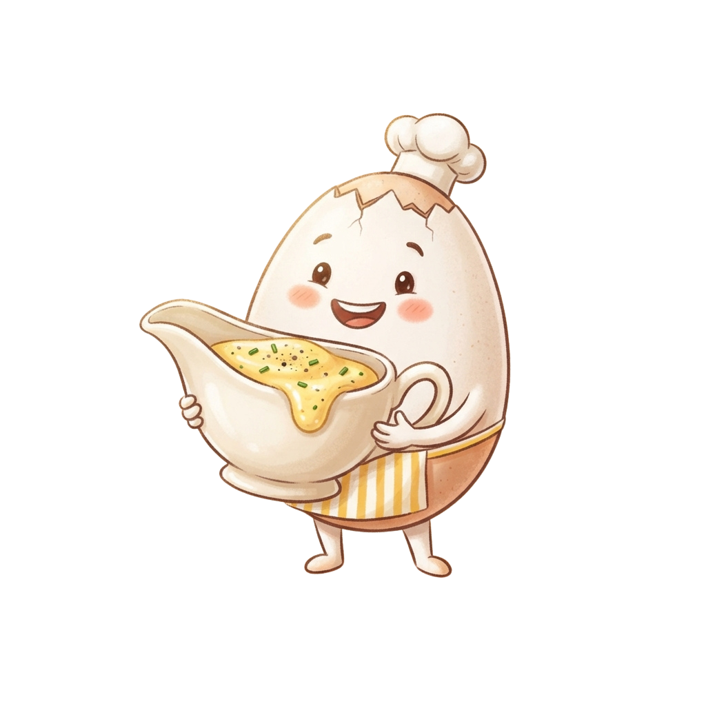 A cheerful cartoon egg character dressed as a chef pouring gravy from a ladle