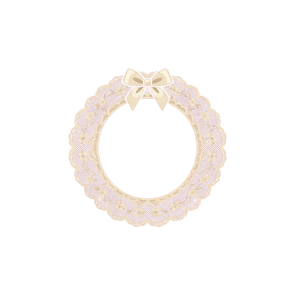 A decorative wreath made of intricate white lace with purple accents and a white bow on top