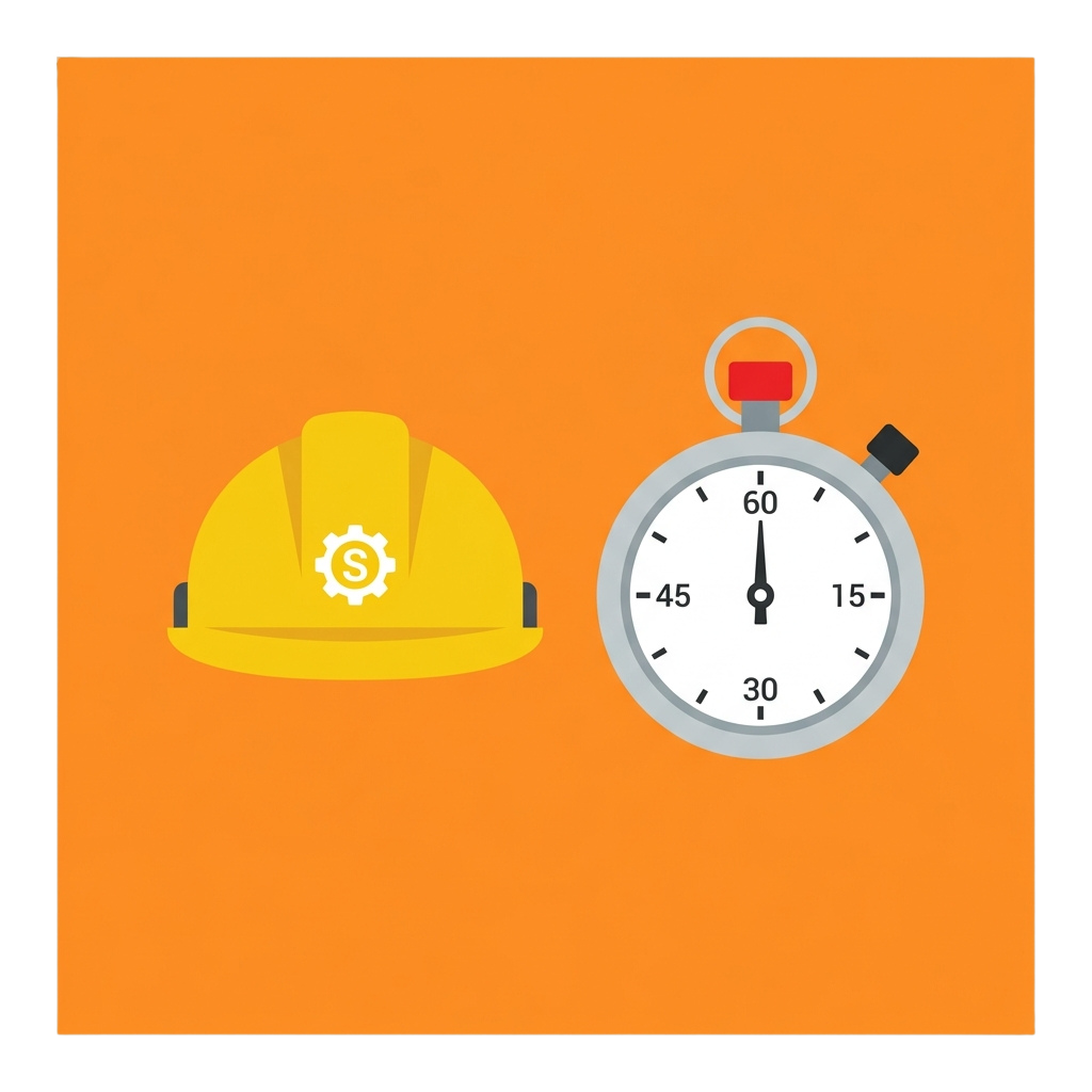 A yellow construction helmet with a gear emblem and a stopwatch showing 45 seconds