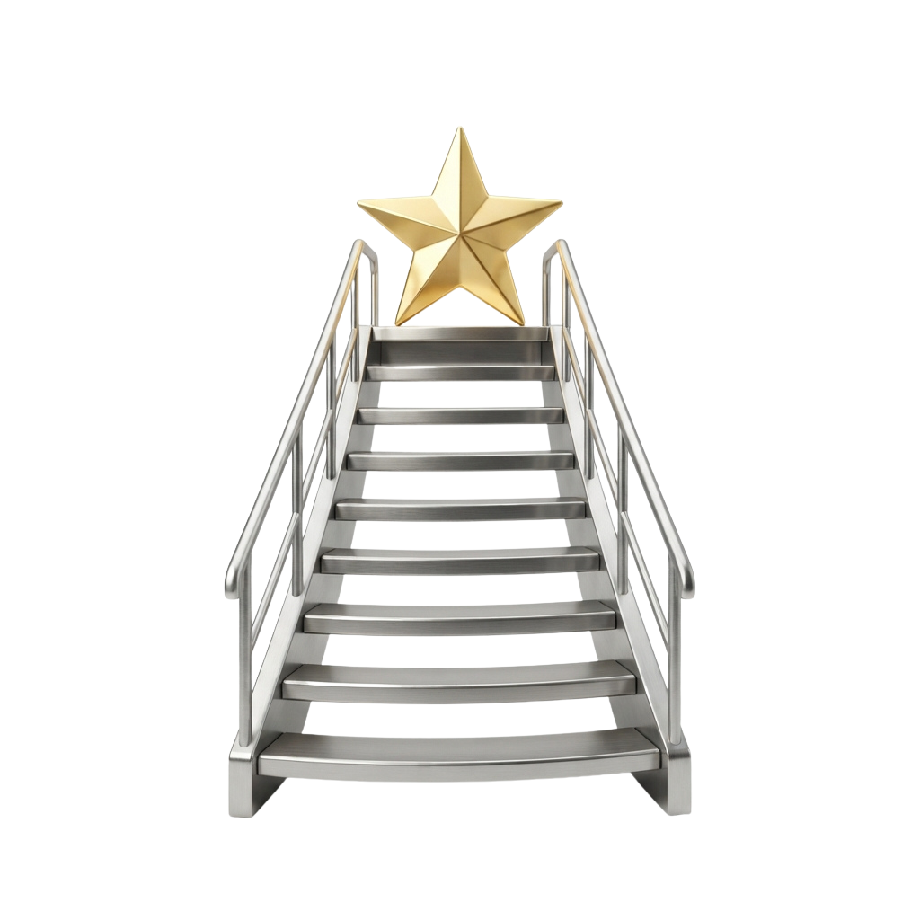 A metallic staircase with handrails and a golden star on top against a black background