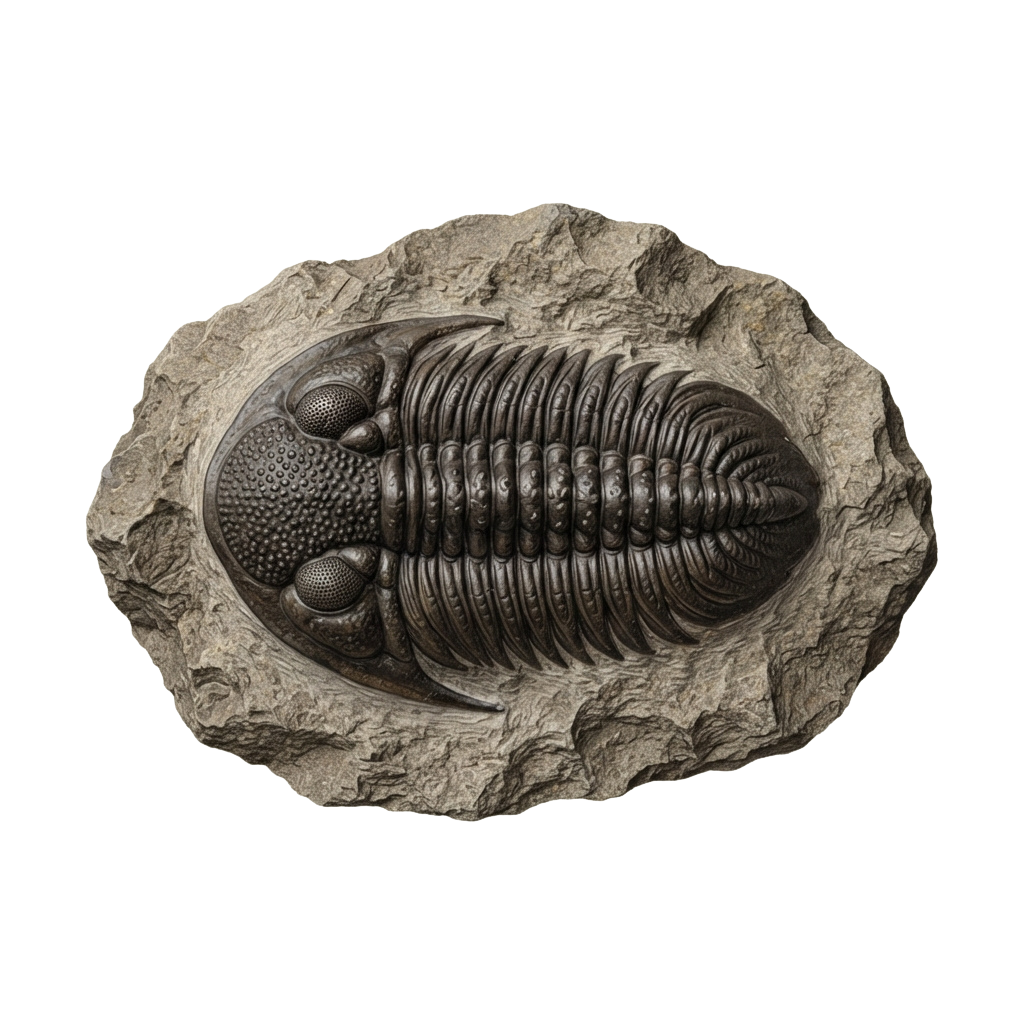 Black fossil of a trilobite embedded in light grey stone.
