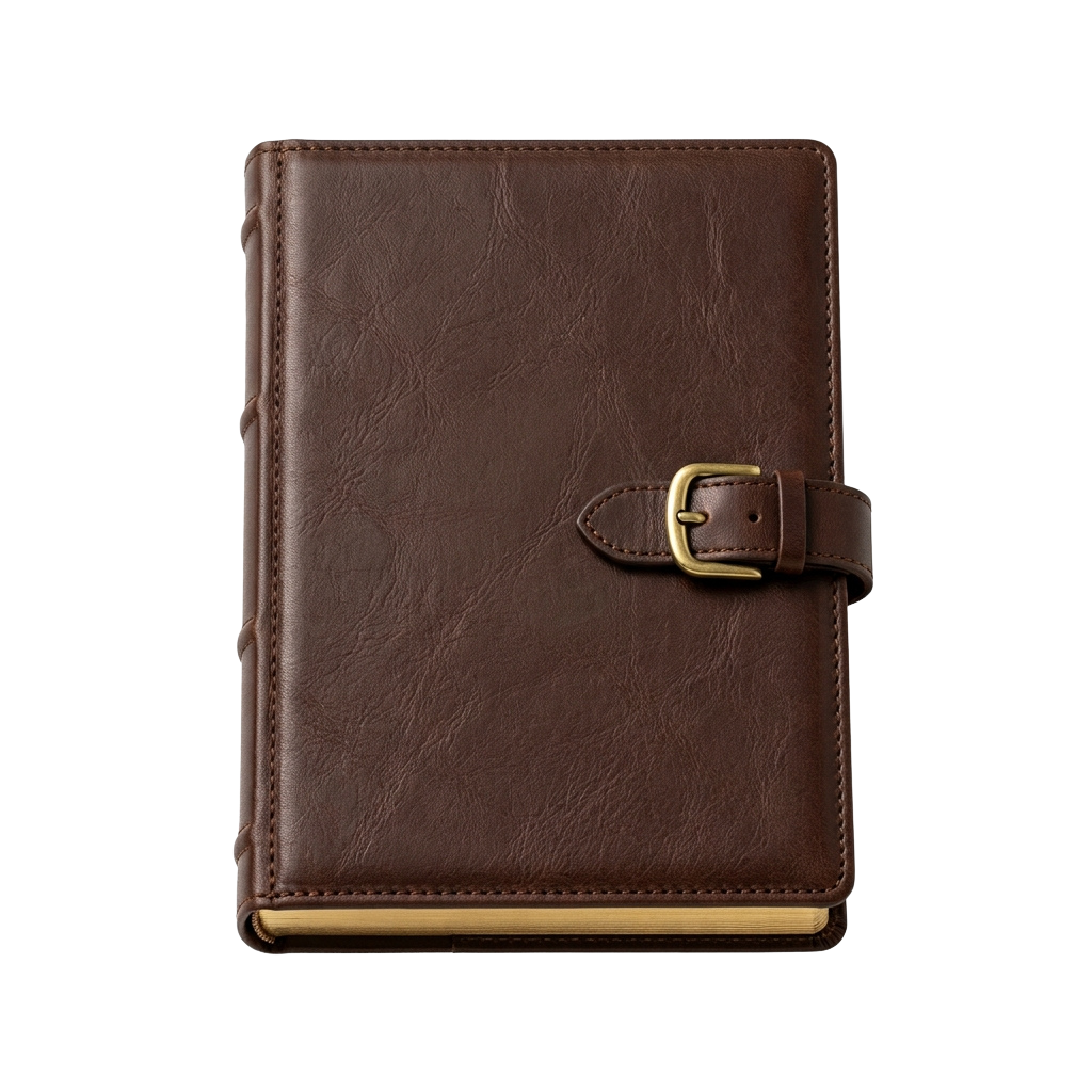 A brown leather-bound book with a gold buckle closure and a textured cover.