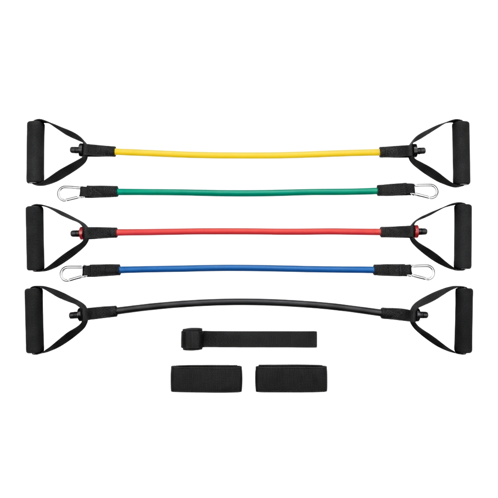 Four colorful resistance bands with handles in yellow, teal, red, and blue, plus two ankle straps.