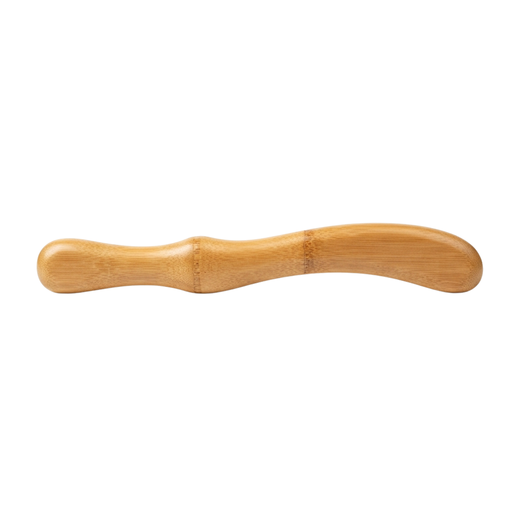 A smooth, curved wooden massage tool with rounded ends for hand and finger therapy