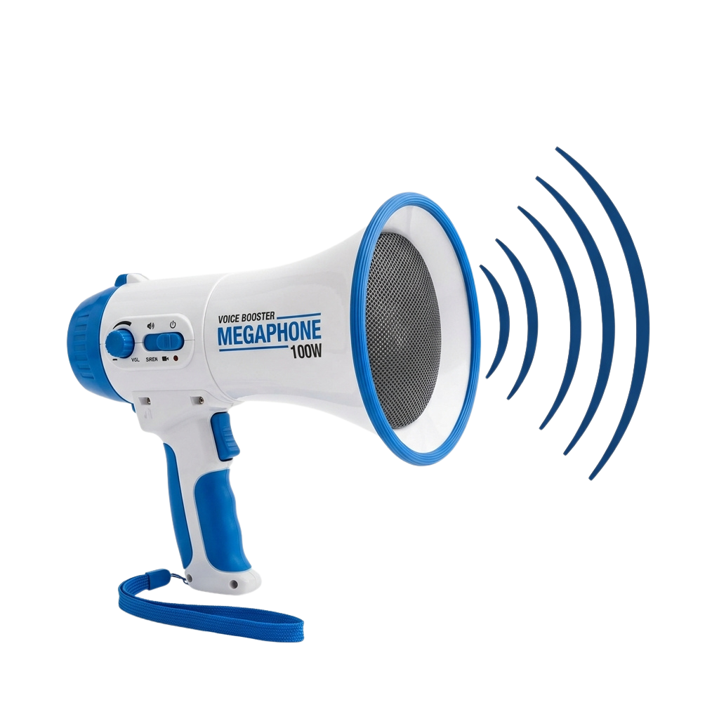 A handheld megaphone with blue and white color scheme, labeled as a voice booster, emitting sound waves.