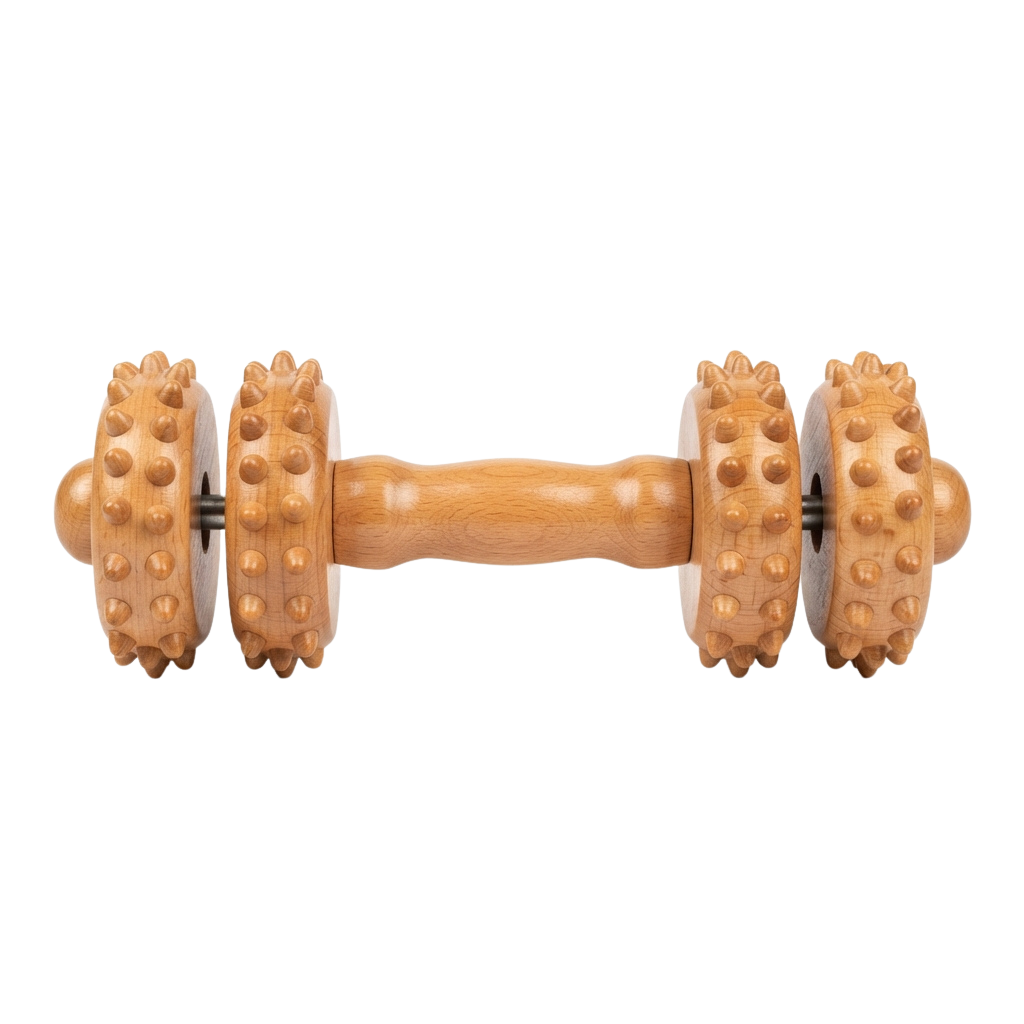 A wooden massage roller with four textured cylindrical rollers for muscle therapy and relaxation