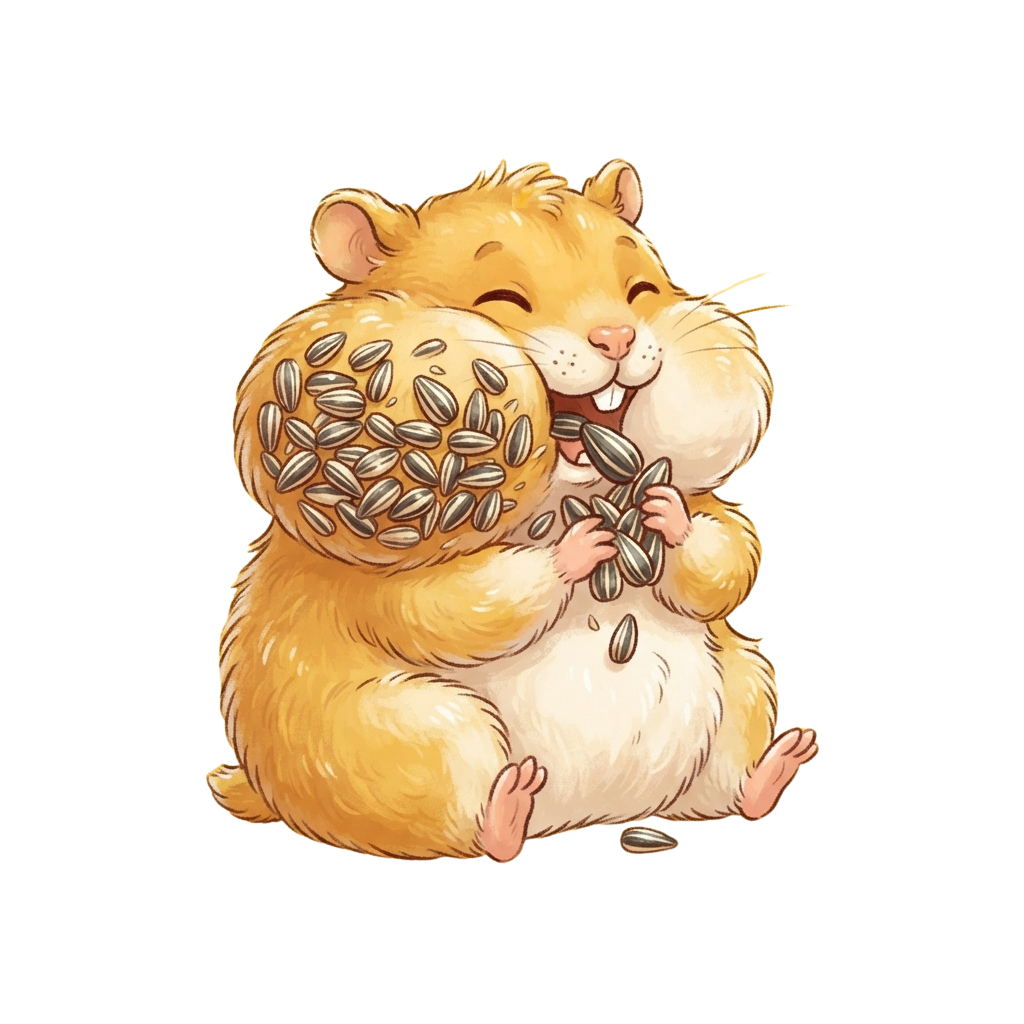 A cheerful cartoon hamster sitting and holding sunflower seeds in its paws