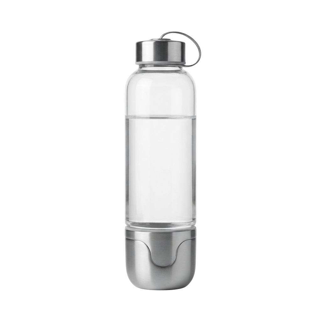 A clear plastic water bottle with a metal lid and carabiner clip attached to the base