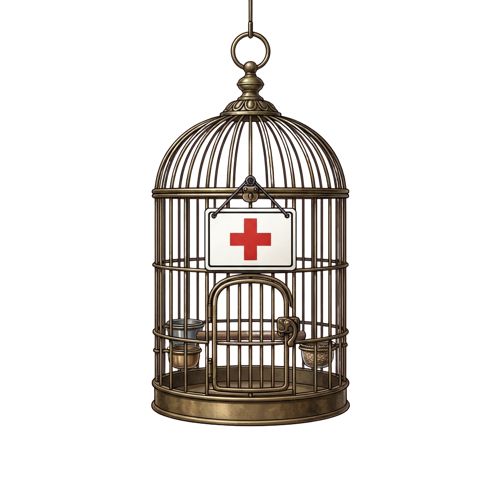 A decorative brass birdcage with a red cross medical symbol hanging inside it against a dark background