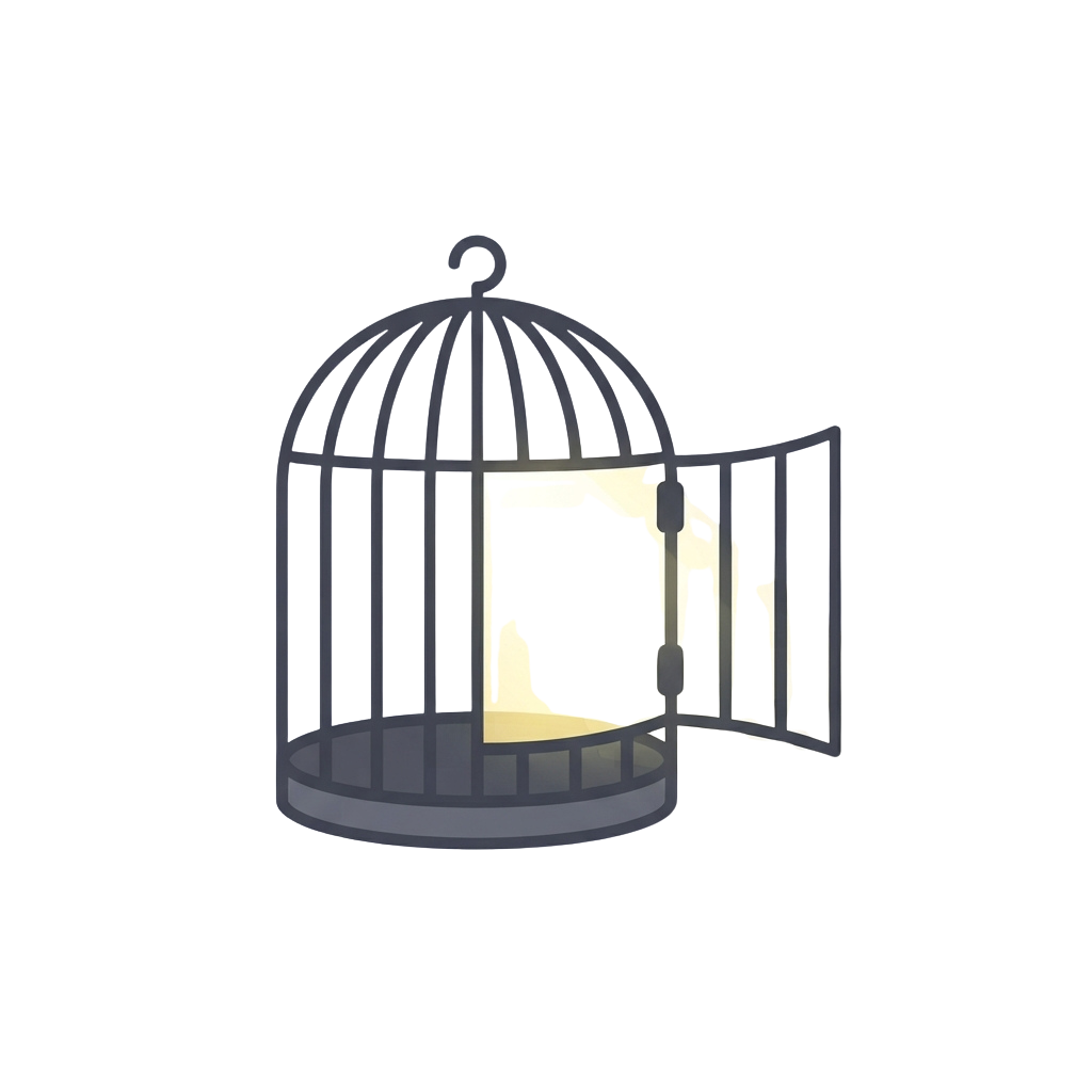 Open birdcage silhouette with a glowing light inside casting shadows on the bars