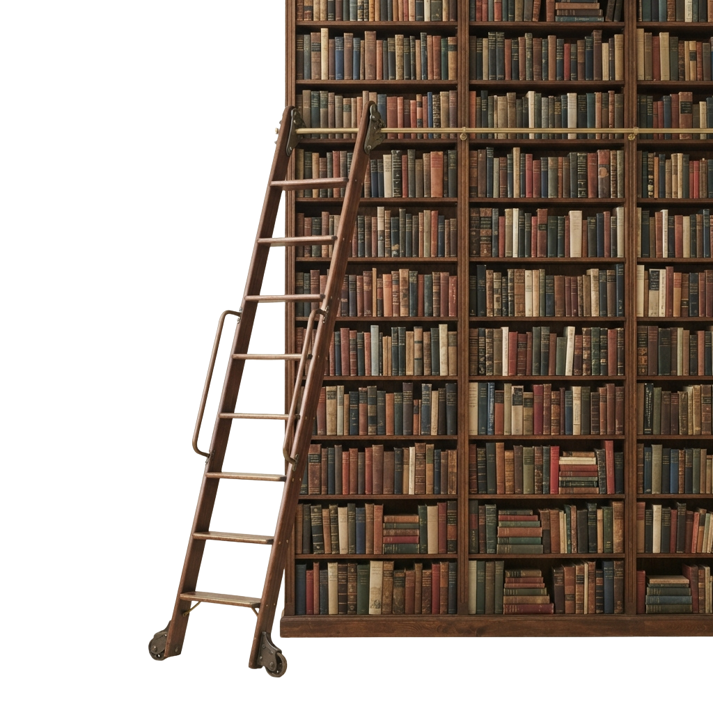 A wooden ladder positioned in front of tall bookshelves filled with books