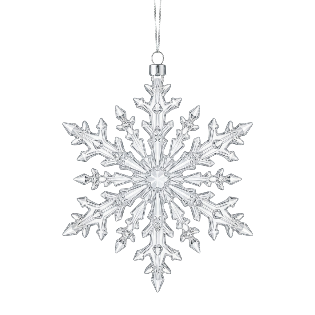 A shiny silver snowflake ornament hanging from a loop on a black background