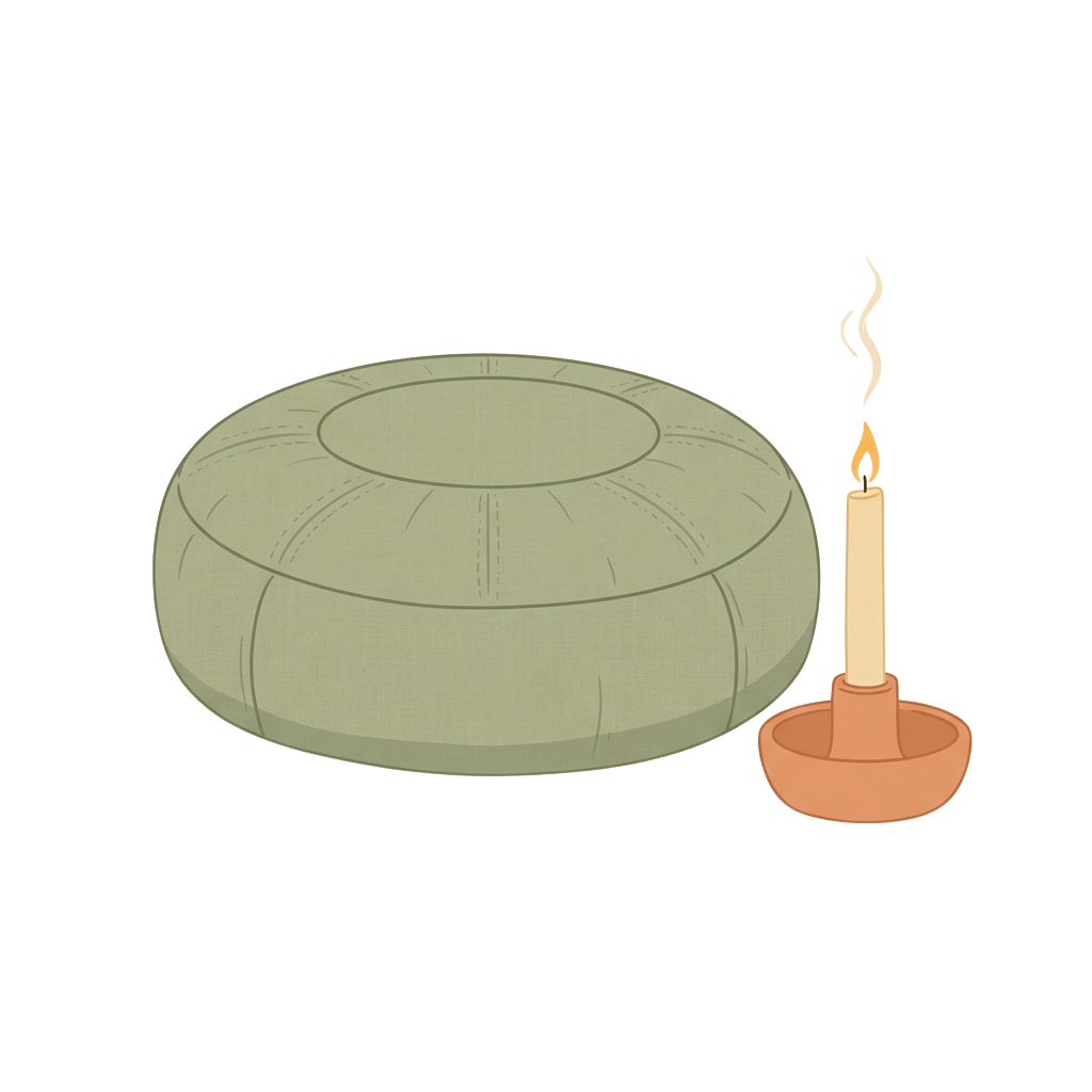 A round, textured incense burner next to a lit candle in a small holder on a dark background