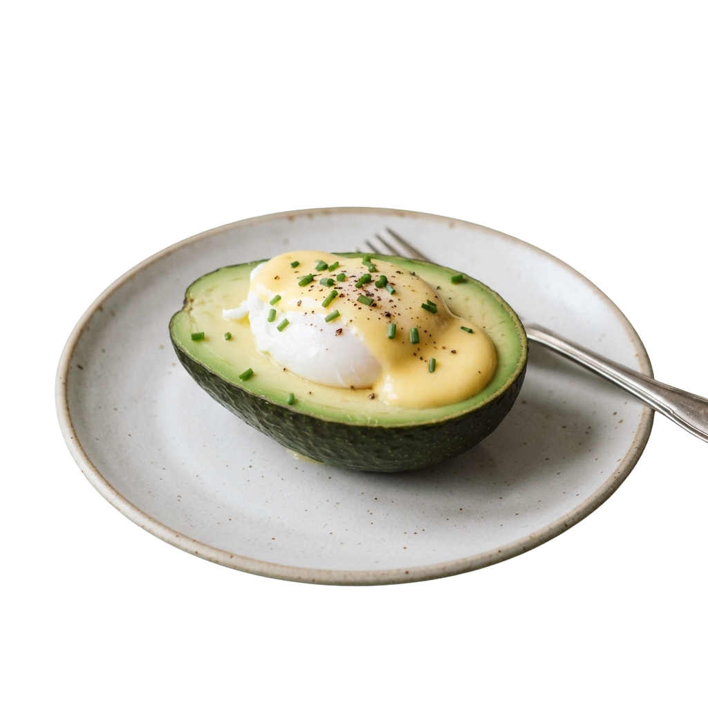 Poached egg nestled inside a halved avocado on a white plate with herbs sprinkled on top