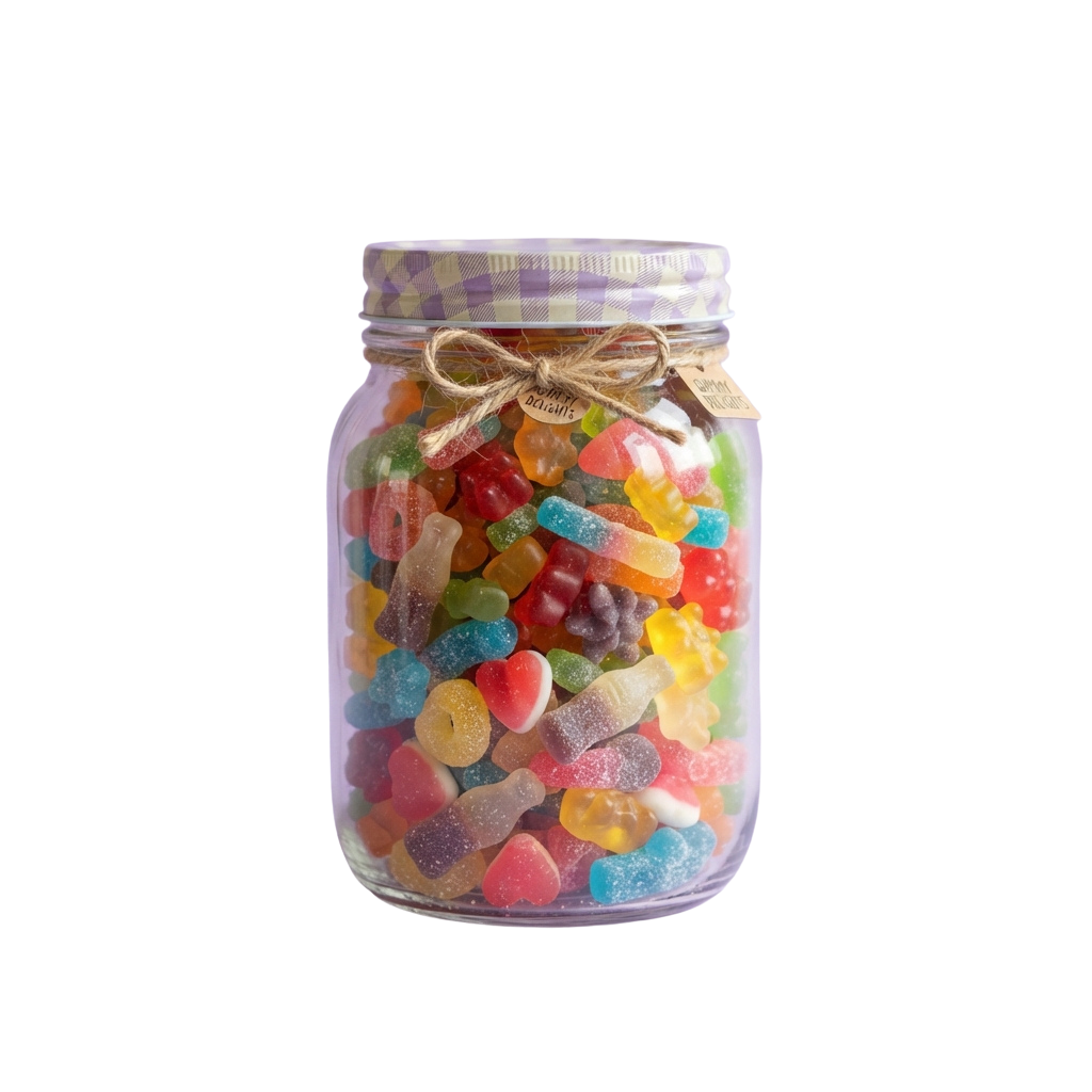 A glass jar filled with assorted colorful gummy bears, sealed with a ribbon tied lid