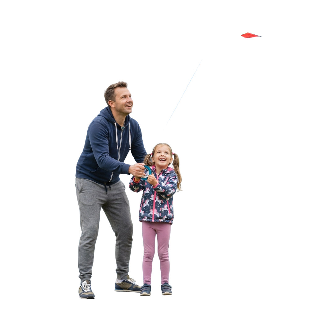 An adult and a child smiling while flying a colorful kite in an open space