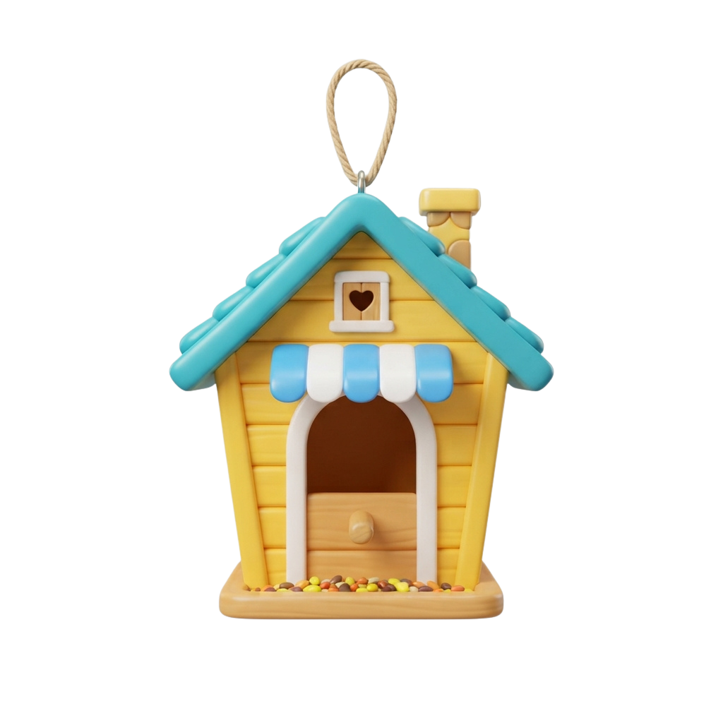 A yellow birdhouse feeder with blue roof and awning, filled with colorful birdseed, hanging from a loop.
