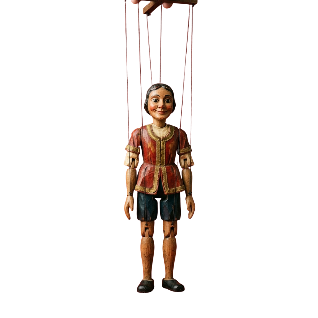 A wooden marionette puppet dressed in a red jacket and blue shorts controlled by red strings