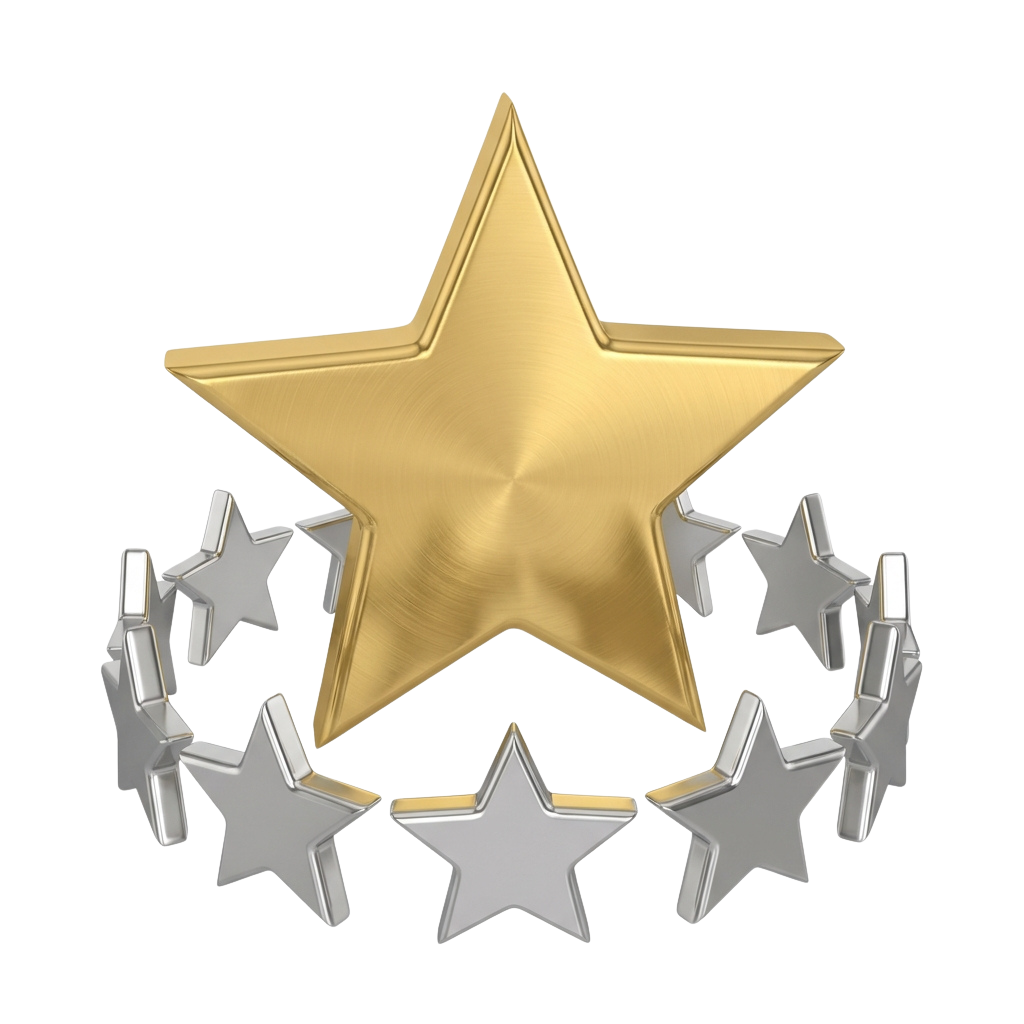 A large golden star centered with eight smaller metallic stars arranged in a circular pattern around it
