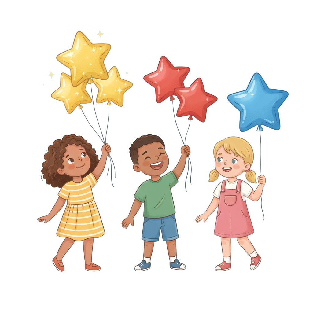 Three smiling children each holding star-shaped balloons in yellow, red, and blue colors