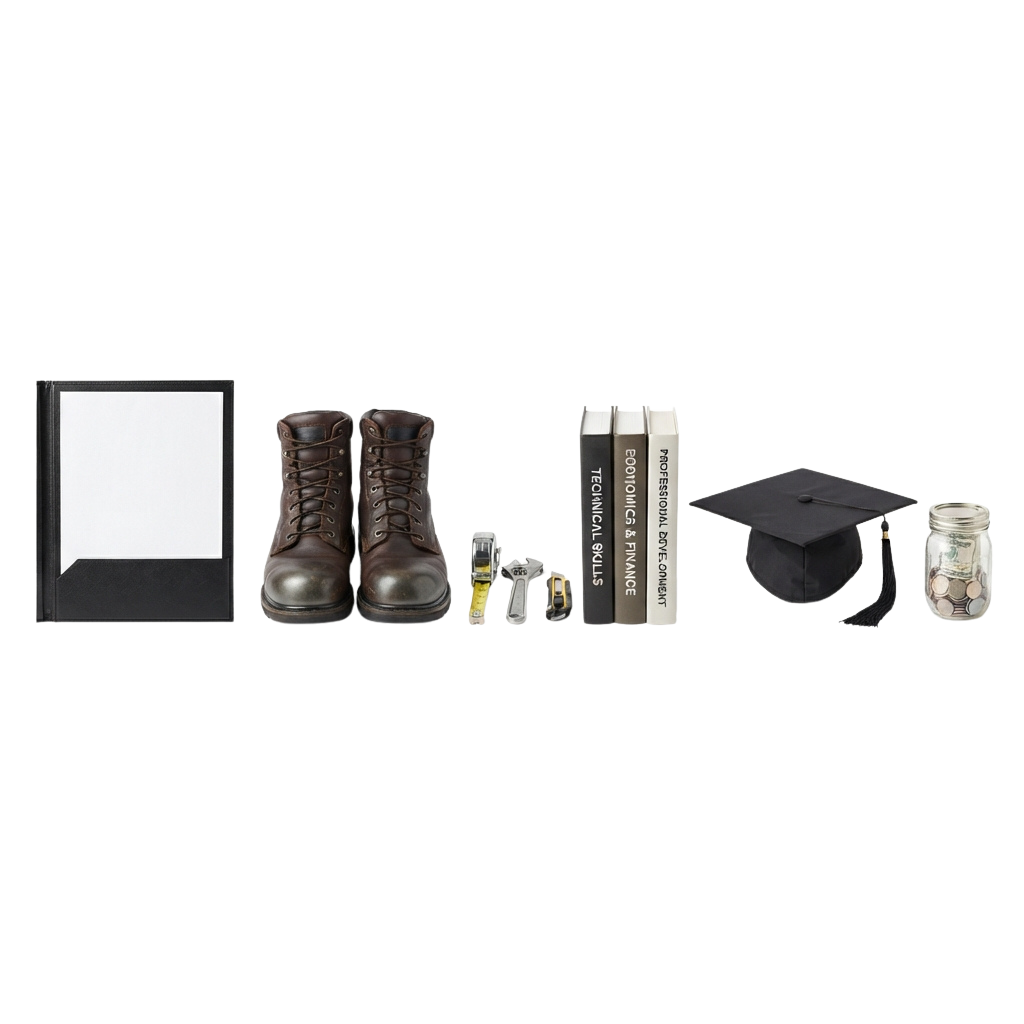 A collection of graduation items including boots, books, a mortarboard, and a coin jar on a black background