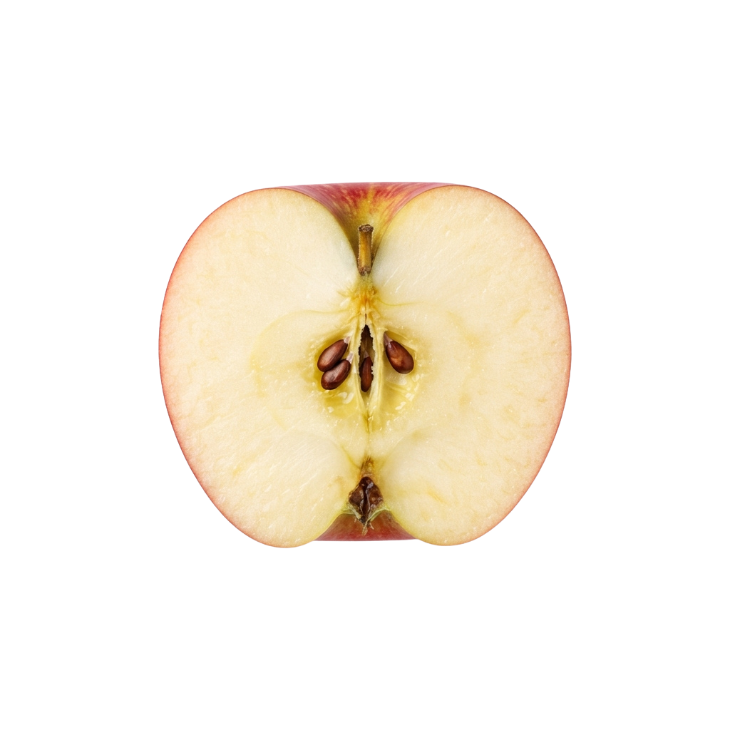 A sliced apple showing its white flesh, central core, and brown seeds against a black background