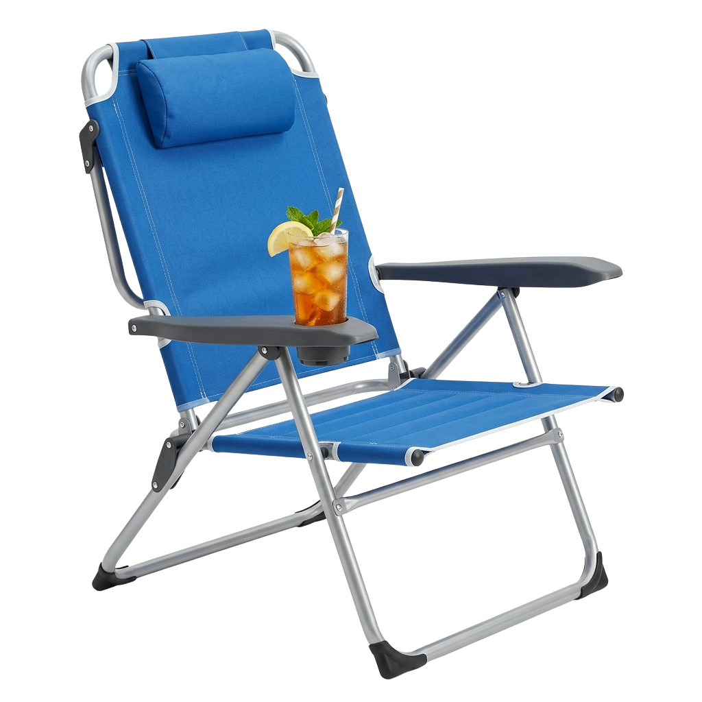 Blue folding recliner chair with cup holder containing a cocktail garnished with lime and mint